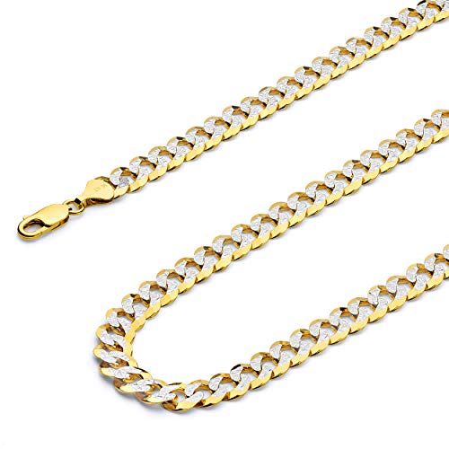 14k REAL Two Tone Gold Solid Men's 14mm Cuban Concave Curb White Pave Chain Bracelet with Lobster Claw Clasp - 9"