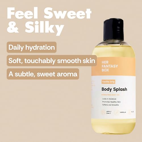 Her Fantasy Box | Body Splash Vanilla Drip Fragrance Oil – Warm Vanilla Sugar Scent with Creamy Cashmere & Sandalwood, Lightweight Hydrating Body Oil, Vegan & Cruelty Free