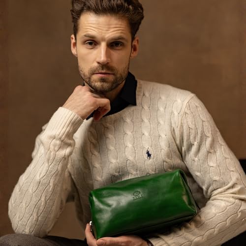 Time Resistance Leather Toiletry Bag - Italian Cosmetic Case Dopp Kit (Green)