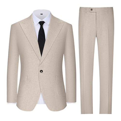 Fesenbo Mens Casual Suits Beige Linen Suit Slim Fit 2 Piece Lightweight Jacket and Dress Pants Set Groomsmen Suit for Wedding S