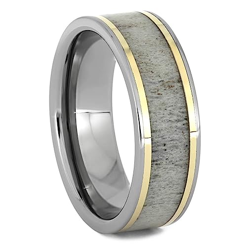 The Men's Jewelry Store (Unisex Jewelry) Deer Antler, 14k Yellow Gold 7mm Titanium Comfort-Fit Ring Size 11.5