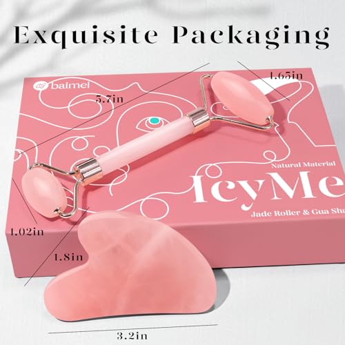 BAIMEI IcyMe Rose Quartz Roller & Gua Sha Facial Tool Set for Depuffing