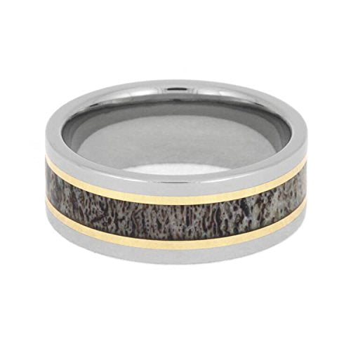 The Men's Jewelry Store (Unisex Jewelry) Deer Antler, 14k Yellow Gold Stripes 8mm Titanium Comfort-Fit Band Size 5.25