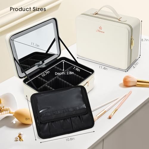 Faquenc Leather Makeup Case with LED Lighted Mirror 11.4 Inch Travel Makeup Bag Adjustable Brightness in 3 Colors Cosmetic Organizer Artist Storage Bag with Dividers Brush Holder Bag Vanity White