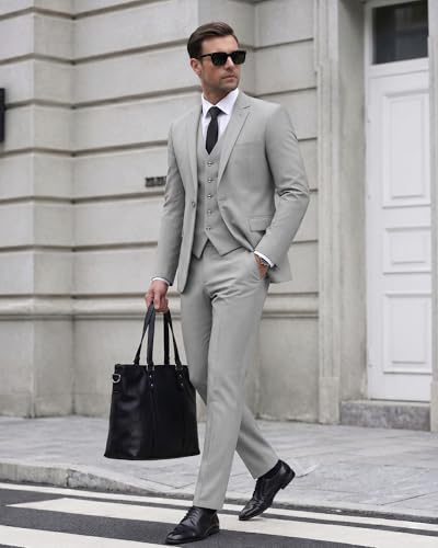 Cooper & Nelson Men's Suit Slim Fit, 3 Piece Suits for Men, One Button Jacket Vest Pants with Tie, Tuxedo Set Light Grey L