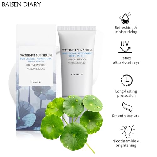 BAISEN DIARY Centella Sunscreen SPF 50 PA++++, Hyalu Cica Water-Fit Sun Serum, Lightweight Sunscreen with Centella Asiatica, Hydrating & Non-Greasy Sun Protection for Sensitive Skin