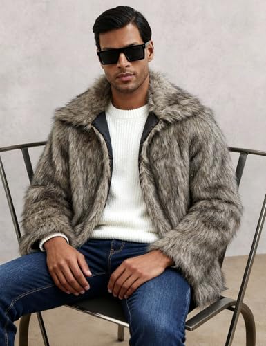 Flygo Mens Faux Fur Coat Winter Jackets Fluffy Lapel Long Sleeve Furry Fur Jacket Coats Thick Outerwear(Khaki-XL)