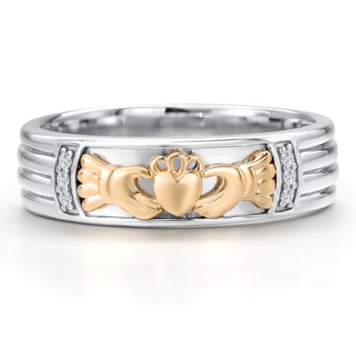 Gem Stone King White Lab Grown Diamond Irish Claddagh Ring | 925 Silver and 10K Yellow Gold | Friendship Love Marriage Celtic Lucky Jewelry Birthday Promise Ring | Size 10