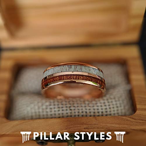 Deer Antler Rings for Men Rose Gold Wedding Band with Koa Wood and Antler Inlay - Rustic Tungsten and Wood Rings for Him