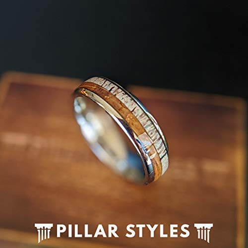 6mm Antler & Whiskey Barrel Rings for Men Tungsten Wedding Band Unique Nature Ring Deer Antler and Bourbon Barrel Wood Rings Anniversary Gifts for Him