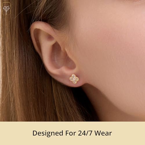 Solid 10K Gold Clover Studs with Cubic Zirconia | Hypoallergenic Stud Earrings for Women | Anti-Tarnishing Real Gold Clover Earrings Small Stud Earrings by MAX + STONE