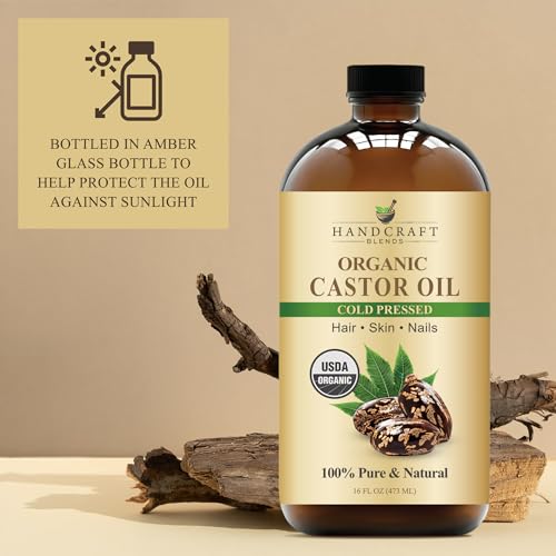 Handcraft Blends Cold-Pressed Organic Castor Oil 16 Fl Oz | Glass Bottle | 100% Pure and Natural | Premium Grade Carrier Oil | Hair, Eyelashes and Eyebrows | Hair and Body