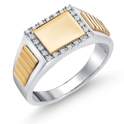 Gem Stone King White Lab Grown Diamond Ring For Men | 925 Silver and 10K Yellow Gold | 0.15 Cttw | 9.5MM Width | Size 8