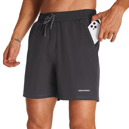 HODOSPORTS Mens Swim Trunks 5" Inseam Quick Dry Swimsuit with Compression Liner and Pockets Swimming Shorts Grey