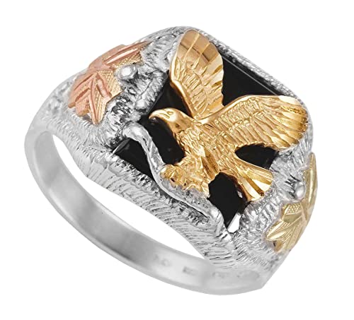Men's 10k Yellow Gold Eagle Onyx Ring, Sterling Silver, 12k Green and Rose Gold Black Hills Gold, Size 11