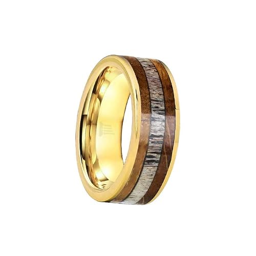 Pillar Styles Rustic 14K Gold Wedding Band Whiskey Barrel Rings for Men with Deer Antler Inlay 8mm Comfort Fit Tungsten Bourbon Barrel Wooden Ring Unique Wood Engagement Band