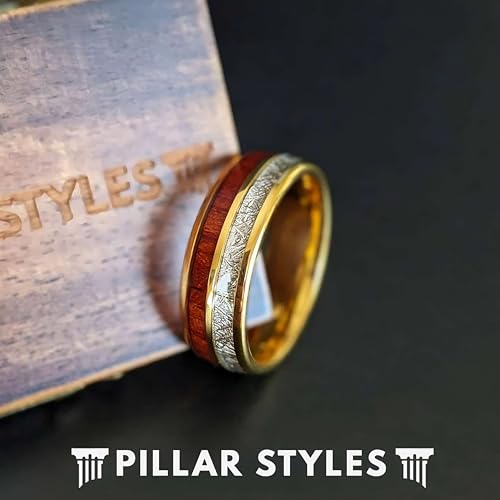 Koa Wood Rings for Men Wedding Band Meteorite Ring Tungsten 14K Gold Ring with Wooden Inlay Tropical 8mm Unique Space Rock Yellow Gold Gifts for Him Cosmic Couples Rings