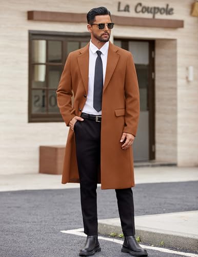 COOFANDY Mens Trench Coat Winter Casual Slim Fit Overcoat Long Single Breasted Coat Notched Collar Wool Blend Coat With Pockets
