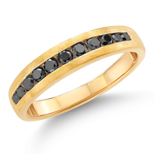 Gem Stone King Black Diamond Satin Finish Wedding Band Ring for Men | 10K Yellow Gold | 0.59 Cttw | Round 2.5MM and 2MM | Size 7