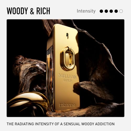 Rabanne Million Gold Eau de Parfum Intense - Rich Woody Cologne for Men with Sandalwood, Cedarwood & Cardamom - Travel Designer Fragrance Spray 0.34 oz