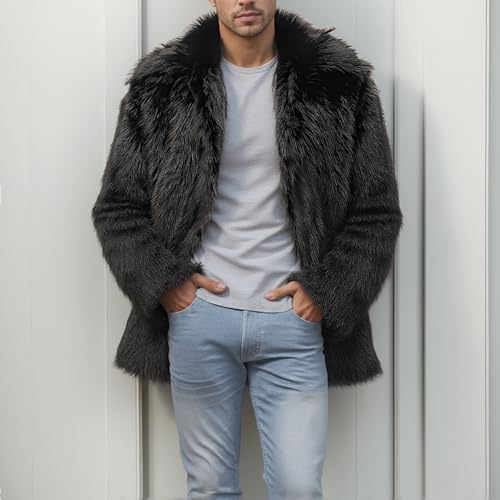 Colf Men's Winter Parka Coat Lapel Faux Fur Jacket (Black,Large)