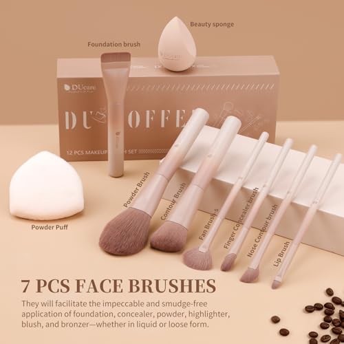 DUcare 14pcs Makeup Gift Set,12Pcs Coffee Series Makeup Brush set with 2pcs Makeup Sponges Foundation Blending Face Powder Blush Eye Shadows Brushes