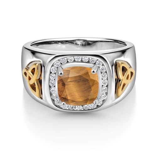 Gem Stone King 2.26 Ct Brown Tiger Eye and Lab Grown Diamond Men's Ring | 925 Silver and 10K Yellow Gold | Cushion Cut 8MM | Gemstone Birthstone | Available in Size 7, 8, 9, 10, 11, 12, 13 | Size 12