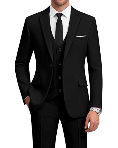 WULFUL Mens Suit 3 Piece Slim Fit Suits for Men One Button Blazer Jacket Pants Tuxedo Suit Set for Prom, Wedding and Business Black