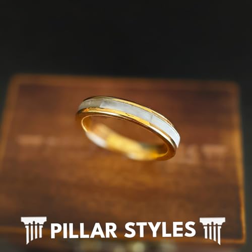 Thin 14K Gold Mother of Pearl Rings for Men Wedding Bands Tungsten Ring with Pearl Inlay 4mm Unique Yellow Gold Engagement Bands for Women Tropical Anniversary Gifts for Couples