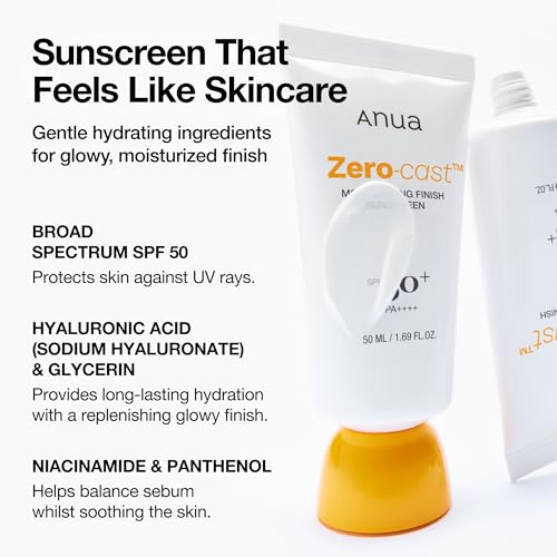 Anua, Zero-Cast Moisturizing Sunscreen SPF 50, Glow Natural Sunscreen for face, No White Cast, Hyaluronic Acid, Niacinamide, Oil-Free, Korean Skincare, 1.69 fl oz