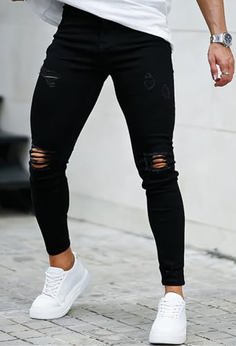 GINGTTO Ripped Jeans Men Stretch Mens Skinny Jeans with Holes Black 36W30L