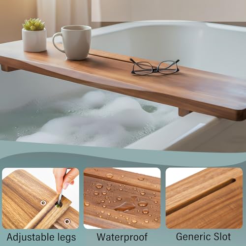 Acacia Wood Bathtub Tray Caddy, 35" L Adjustable for Freestanding Tub