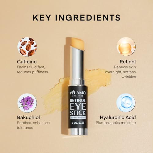 VELAMO ADVANCED Retinol Eye Stick: Retinol Eye Cream for Dark Circles and Puffiness with 1% Bakuchiol and Caffeine - Visibly Reduces Fine Lines Wrinkles Under Eye Bags with Upgraded Formula 0.1 OZ/3g