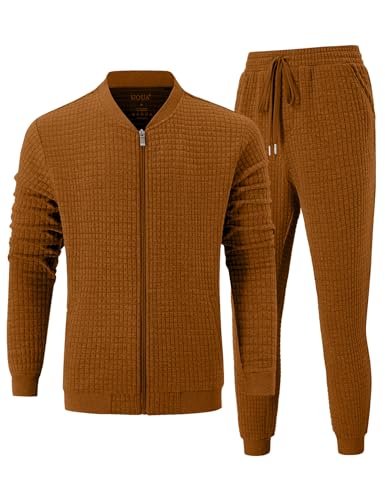 UOUA Men's Tracksuit 2 Piece Sets Jogging Suit Casual Running Sweatsuit with Full Zip Athletic Jackets and Pants Sports Outfits Brown M