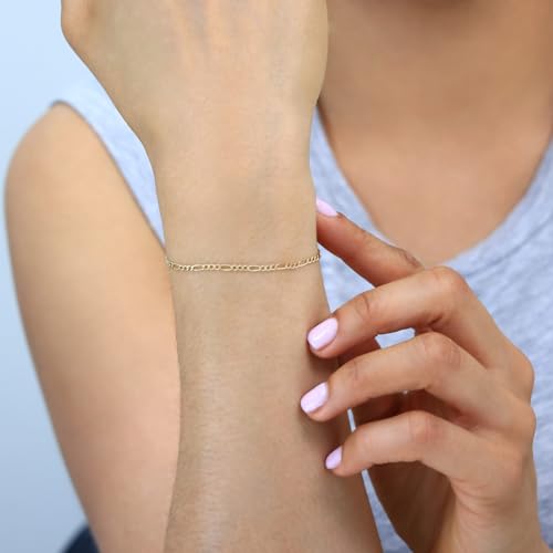 Nuragold 10K Real Yellow Gold Figaro Link Chain Bracelet for Men & Women - 9",2mm