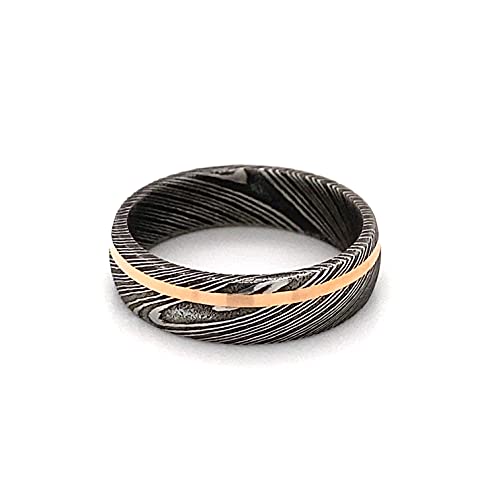 New 6mm Wide Damascus Steel Ring with 14k Solid Rose Gold Inlay