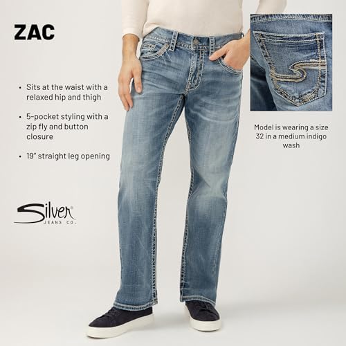 Silver Jeans Co. Men's Zac Relaxed Fit Straight Leg Jeans, Light Indigo, 36W x 30L
