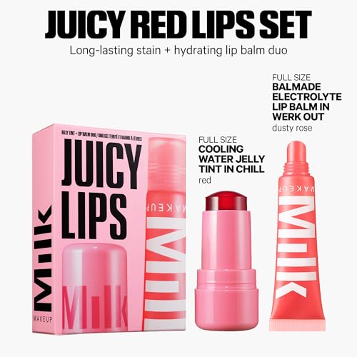 Milk Makeup Cooling Water Jelly Tint + Balmade Hydrating Lip Balm Set – Sheer Red Lip + Cheek Stain and Sheer Gloss with High-Shine Finish – Full Size Chill (Red) 0.17 oz + Werk Out (Dusty Rose) 0.4oz