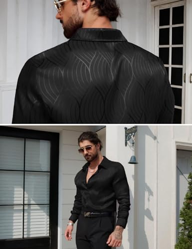 ZSJR Men Metallic Satin Dress Shirt Luxury Jacquard Long Sleeve Casual Button Down Shirts Silk Shirts Black Large