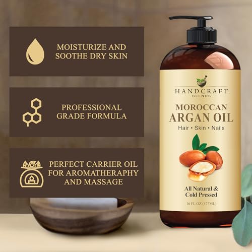 Handcraft Blends Moroccan Argan Oil - 16 Fl Oz - 100% Pure and Natural - Premium Grade Carrier Oil for Skin and Hair - Hair and Body - Massage - Cold-Pressed