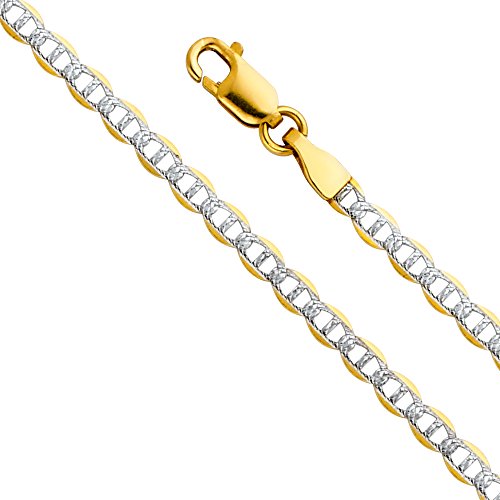 14k REAL Two Tone Gold Solid 2.5mm Flat Mariner White Pave Chain Bracelet with Lobster Claw Clasp - 7"