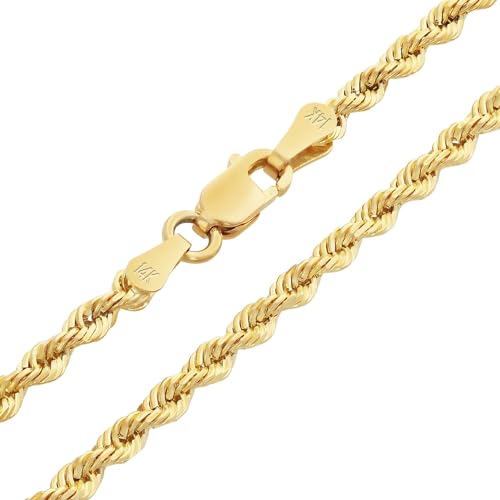 Nuragold 14k Real Yellow Gold Rope Chain Solid Diamond Cut Necklace - 2mm - 20"