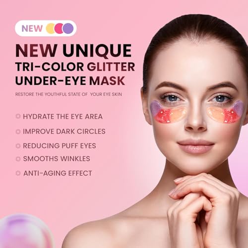 AILEORY Under Eye Patches (24 Pairs) - Tri-color Glitter Eye Gel Pads for Dark Circles, Puffy Eyes, Under eye Bags, Wrinkles | Natural Collagen Under Eye Mask Patches, Gel Under Eye Patches