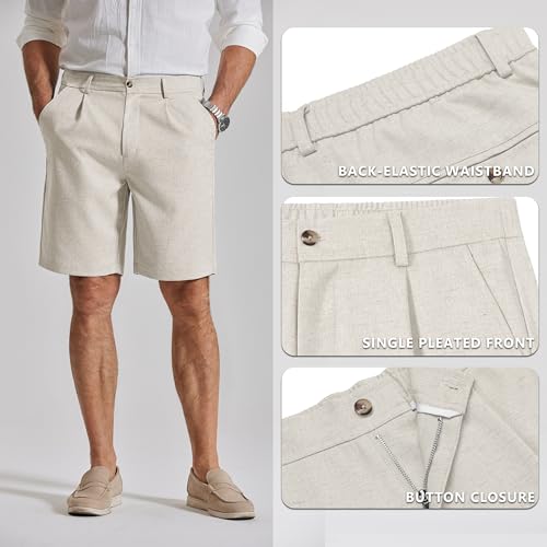 COOFANDY Men's Casual Shorts Pleated Front 9 Inch Inseam Linen Textured Business Dress Dressy Shorts Beige Cream