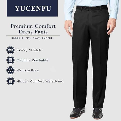 Men's Cozy Hidden Expandable Waist Dress Pants | Premium Stretch Texture Weave Work to Weekend Pant (Black,38W×30L)