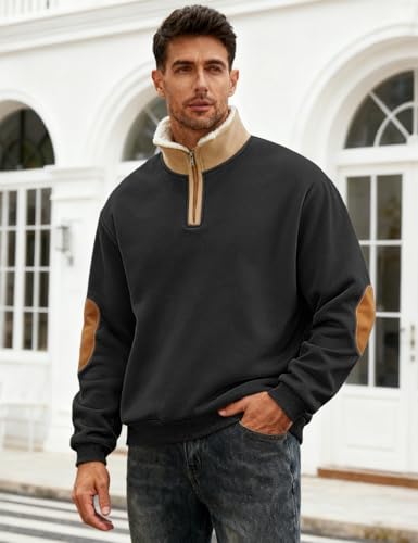 QOSOQ Men's Fleece Sweatshirts Vintage Quarter Zip Pullover shirt Casual Long Sleeve Sweatshirt warm tops Black