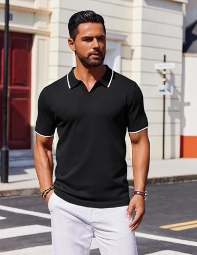 COOFANDY Mens Polo Shirts Short Sleeve Casual Knit Polo Shirt Vintage Golf T Shirts Old Money Tops Black