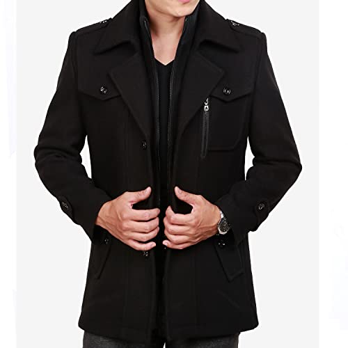 INVACHI Men's Wool Blend Coat Double Collar Trench Coat Single Breasted Overcoat for Autumn Winter