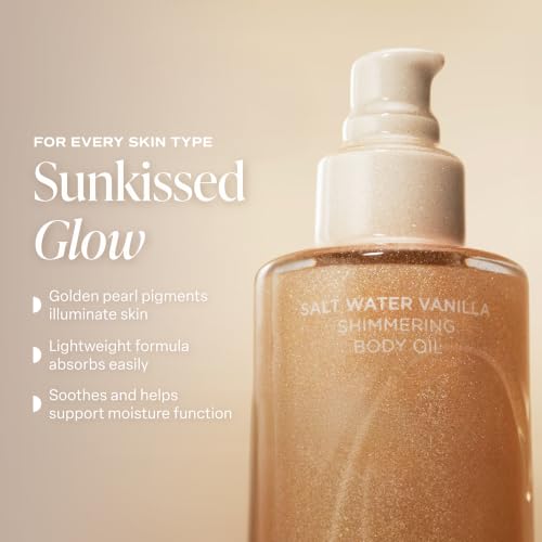 Saltair Shimmering Body Oil – Scented Dry Oil Moisturizer with Light-Reflecting Pearl Pigments – Moisturizing Glow for All Skin Types – Salt Water Vanilla, 4oz