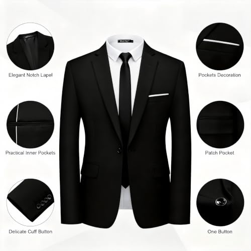 WULFUL Men's 2 Piece Slim Fit Suit Set One Button Blazer Jacket Pants Tuxedo Set for Party, Wedding and Business Black